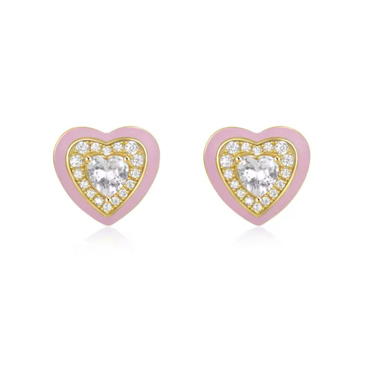 Pink Enamel Heart Earrings