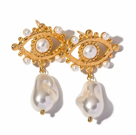 Evil Eye Baroque Pearl Drop Earrings