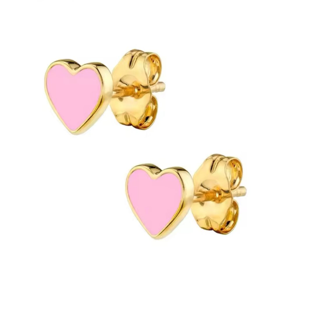 Heart Shaped Pink Enamel Stud Earrings